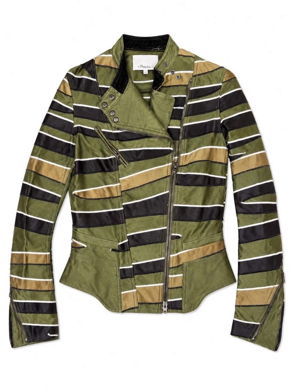 3.1 Phillip Lim Olive, Black & Tan Striped Moto Jacket